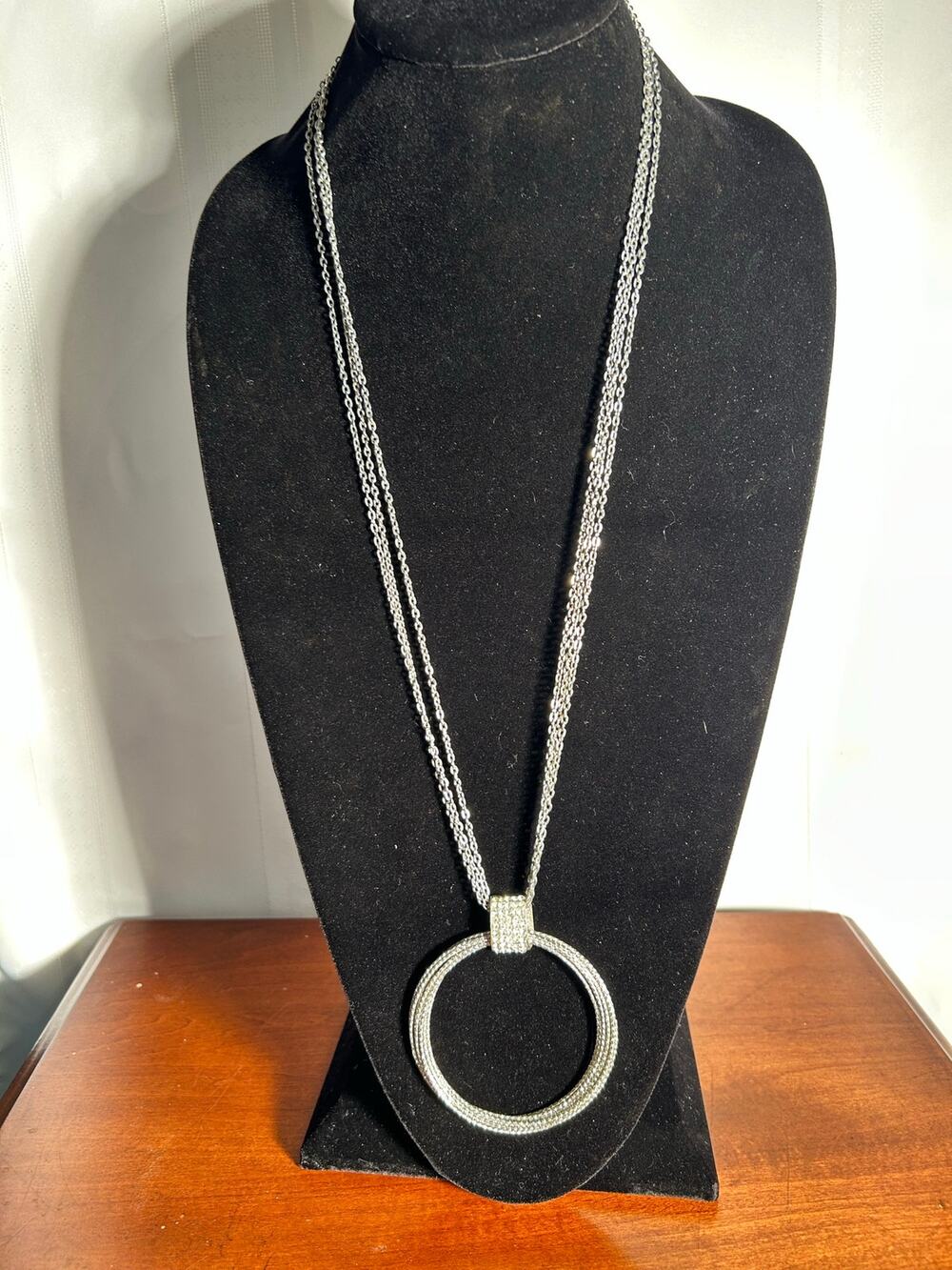 Title Silver Tone Hoop Waterfall Statement Necklace Rhinestone 30" Multi Strand